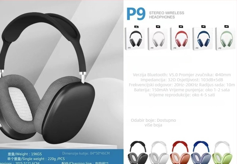 Bežične Bluetooth gaming slušalice P9 – na glavi, domet 10 m, težina 220 g, bez mikrofona