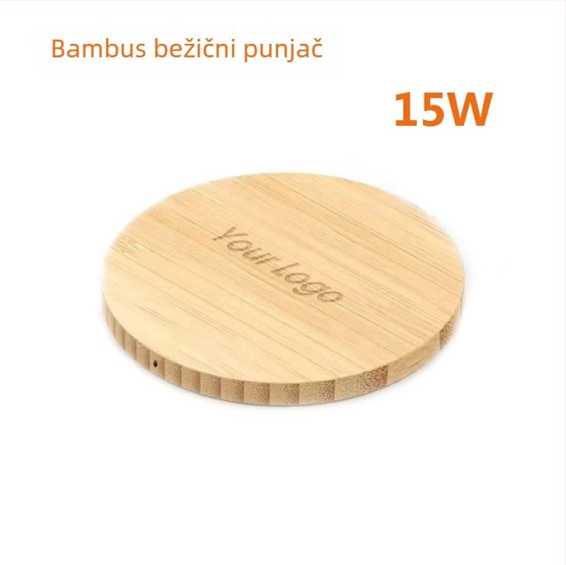 Bežični bambus punjač, 15W brzo punjenje, ugraviran drveni namještaj, QC3.0, izlaz 3A, mogućnost prilagođavanja