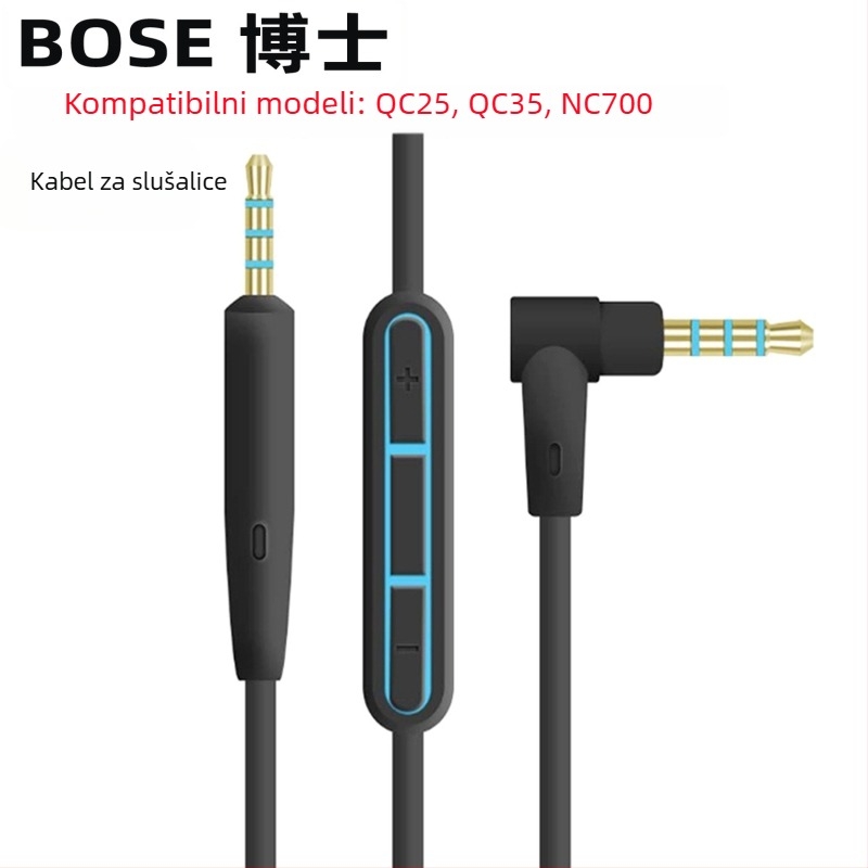 Kabel za slušalice s ugrađenim mikrofonom za Bose QC25/QC15/QC3, 3,5 mm L-usmjereni utikač, duljina 1,5 m, impedancija 32 Ω, frekvencijski odziv 20–20000 Hz