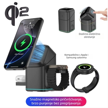 Qi2 dodirni okretni magnetski bežični punjač za telefon, 3-u-1 višenamjenski nosač za sat
