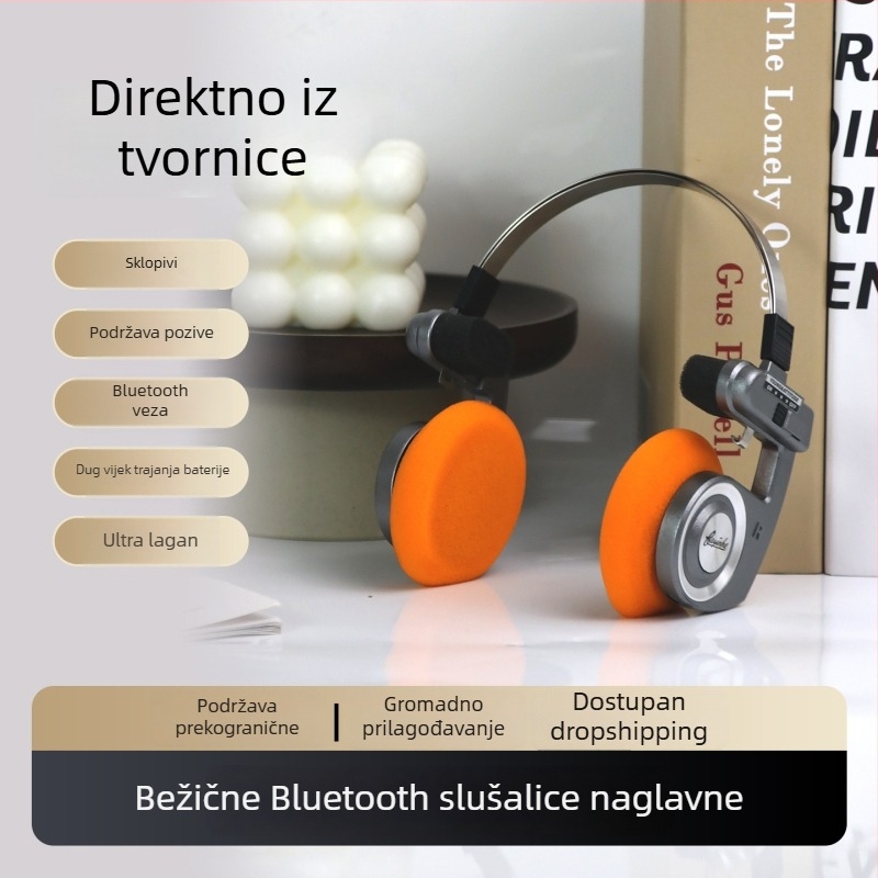 Bežične Bluetooth slušalice za glavu, sklopive, kompaktne za pozive i fotografiranje; američki retro dizajn, stereo, lagane, trajanje baterije preko 8 sati, Bluetooth 5.0, plastika i aluminijska legura.
