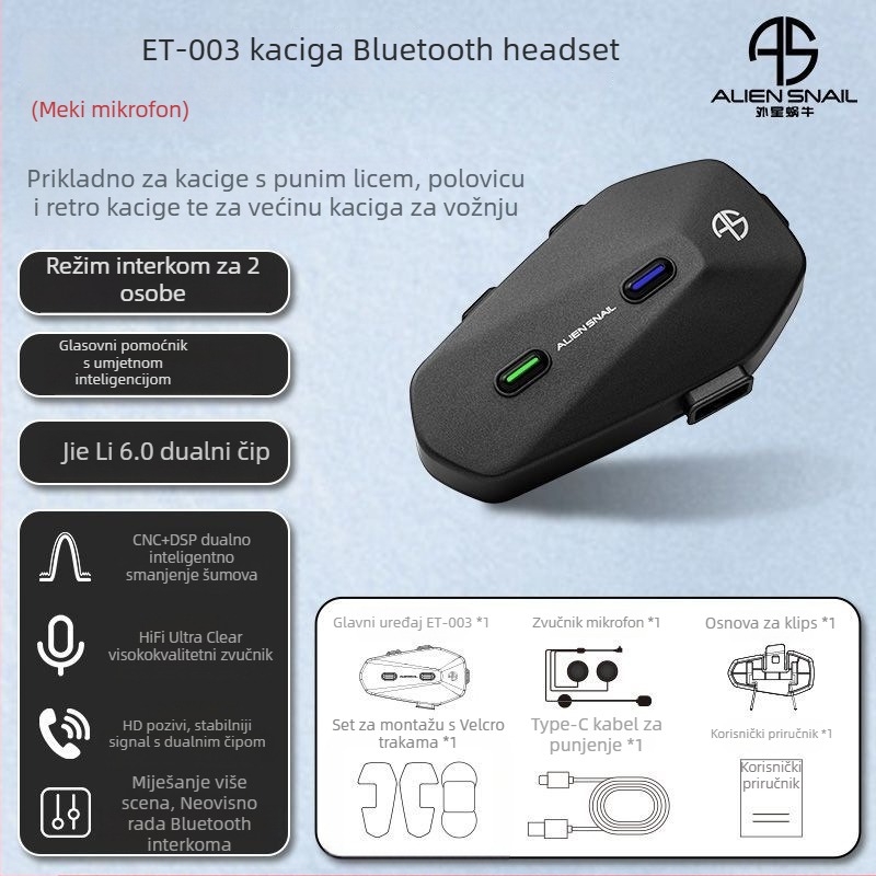 Motociklistička kaciga Bluetooth slušalica sa stereo zvukom (Bluetooth 5.0, doseg 15 m, bilateralni stereo, trajanje 18–22 h)