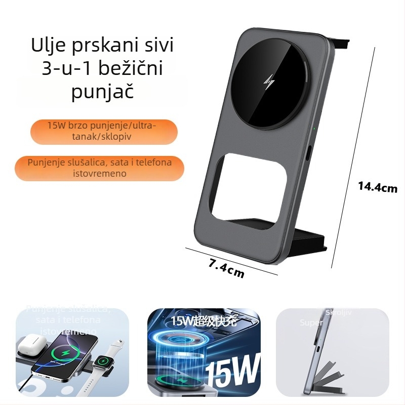 Stolni bežični punjač 3-u-1 za AirPods, iPhone i Apple Watch, 15W, izuzetno tanak, sklopiv, Micro-USB sučelje, FCC CE ROHS