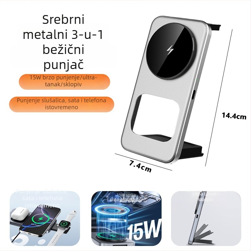 Stolni bežični punjač 3-u-1 za AirPods, iPhone i Apple Watch, 15W, izuzetno tanak, sklopiv, Micro-USB sučelje, FCC CE ROHS
