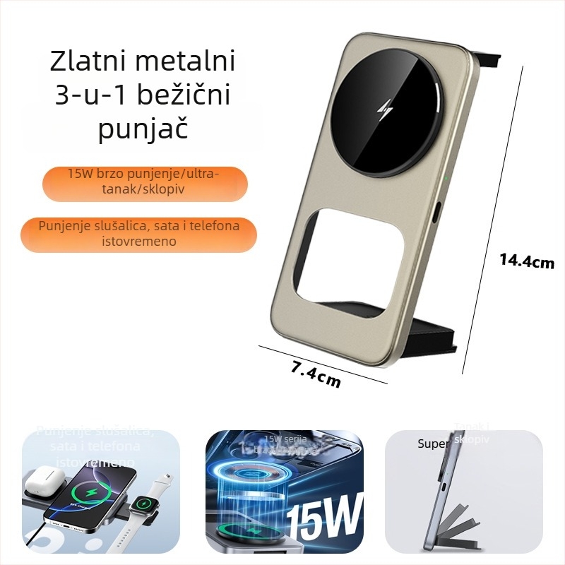 Stolni bežični punjač 3-u-1 za AirPods, iPhone i Apple Watch, 15W, izuzetno tanak, sklopiv, Micro-USB sučelje, FCC CE ROHS