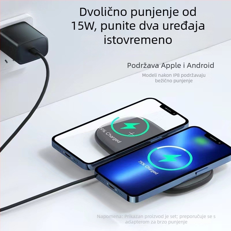 Qi bežični punjač za mobilne telefone, 15W max, brzo punjenje, lagan i prenosiv za stol ili noćni ormarić