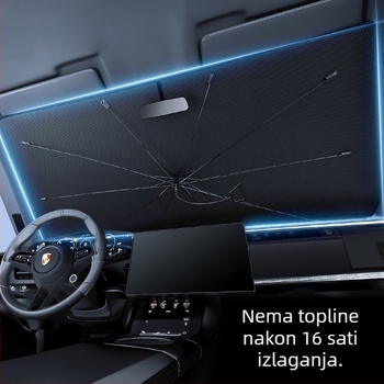 Automobilska sjenila za prednje staklo s zakrivljenim štapom, unutarnja upotreba, toplinska izolacija; Materijal: Titanium Silver Bumping Cloth; Ugradnja: Card-In tip; Tisak logotipa: Da; Prilagodba: Da; Prikladni dijelovi: Prednja zona