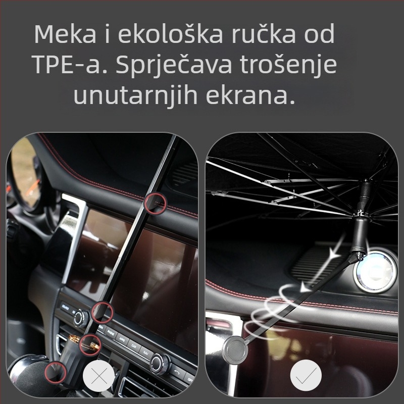 Automobilska sjenila za prednje staklo s zakrivljenim štapom, unutarnja upotreba, toplinska izolacija; Materijal: Titanium Silver Bumping Cloth; Ugradnja: Card-In tip; Tisak logotipa: Da; Prilagodba: Da; Prikladni dijelovi: Prednja zona