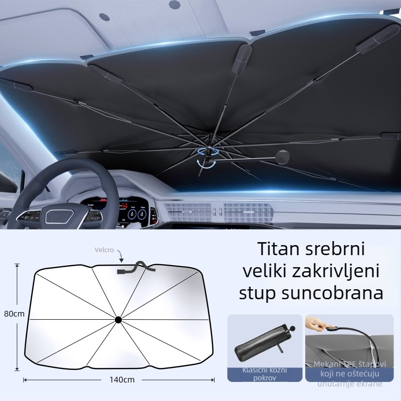 Automobilska sjenila za prednje staklo s zakrivljenim štapom, unutarnja upotreba, toplinska izolacija; Materijal: Titanium Silver Bumping Cloth; Ugradnja: Card-In tip; Tisak logotipa: Da; Prilagodba: Da; Prikladni dijelovi: Prednja zona
