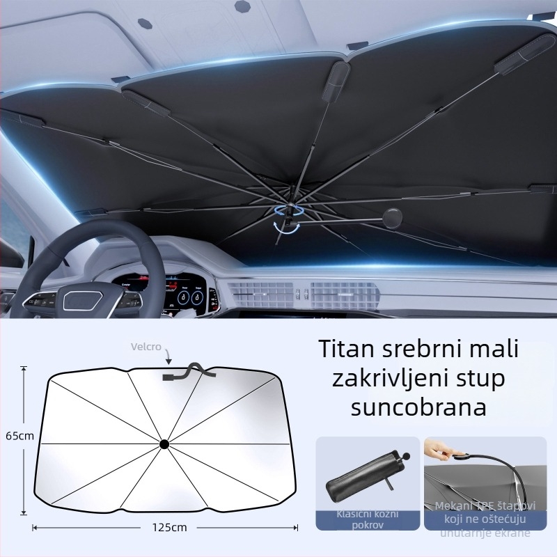 Automobilska sjenila za prednje staklo s zakrivljenim štapom, unutarnja upotreba, toplinska izolacija; Materijal: Titanium Silver Bumping Cloth; Ugradnja: Card-In tip; Tisak logotipa: Da; Prilagodba: Da; Prikladni dijelovi: Prednja zona