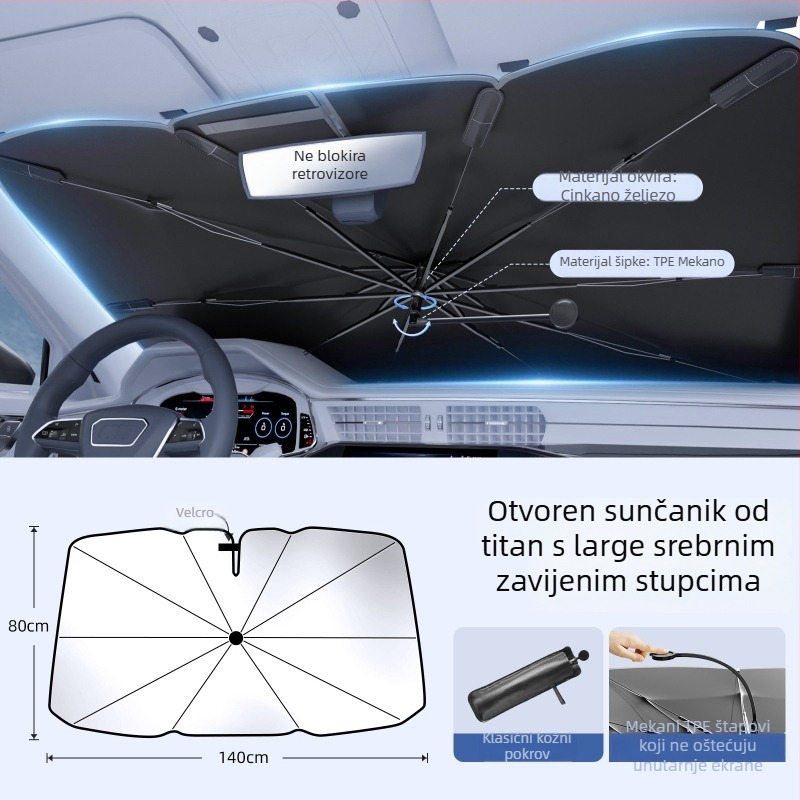 Automobilska sjenila za prednje staklo s zakrivljenim štapom, unutarnja upotreba, toplinska izolacija; Materijal: Titanium Silver Bumping Cloth; Ugradnja: Card-In tip; Tisak logotipa: Da; Prilagodba: Da; Prikladni dijelovi: Prednja zona