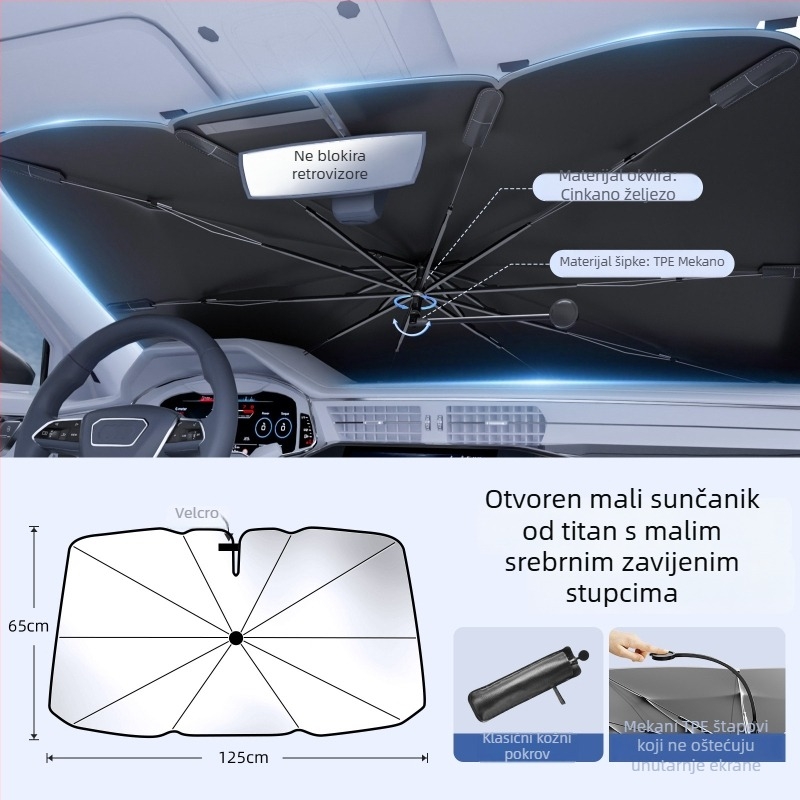 Automobilska sjenila za prednje staklo s zakrivljenim štapom, unutarnja upotreba, toplinska izolacija; Materijal: Titanium Silver Bumping Cloth; Ugradnja: Card-In tip; Tisak logotipa: Da; Prilagodba: Da; Prikladni dijelovi: Prednja zona