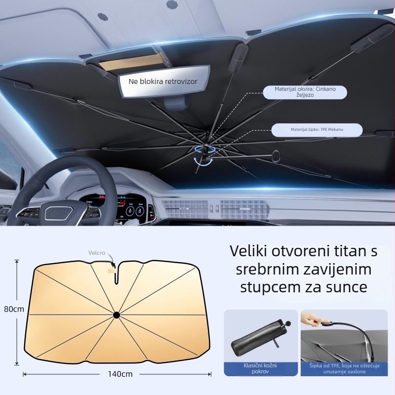 Automobilska sjenila za prednje staklo s zakrivljenim štapom, unutarnja upotreba, toplinska izolacija; Materijal: Titanium Silver Bumping Cloth; Ugradnja: Card-In tip; Tisak logotipa: Da; Prilagodba: Da; Prikladni dijelovi: Prednja zona