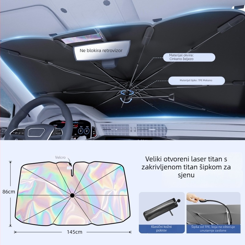 Automobilska sjenila za prednje staklo s zakrivljenim štapom, unutarnja upotreba, toplinska izolacija; Materijal: Titanium Silver Bumping Cloth; Ugradnja: Card-In tip; Tisak logotipa: Da; Prilagodba: Da; Prikladni dijelovi: Prednja zona