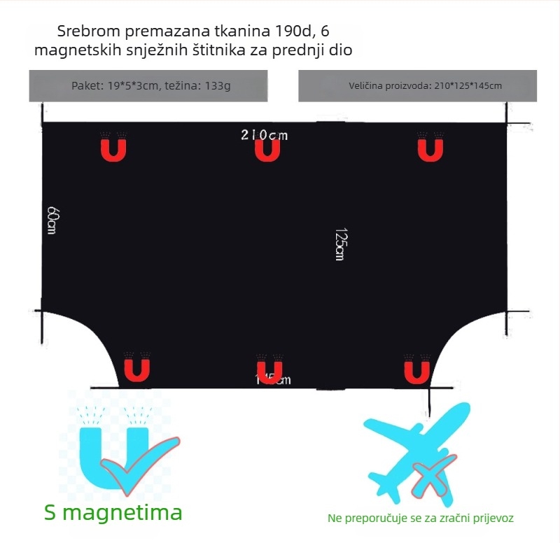 Pokrov prednjeg stakla automobila s magnetskim pričvršćivanjem, snježni štit, univerzalna prilagodba, tkanina s premazom srebra, navlaka za retrovizor