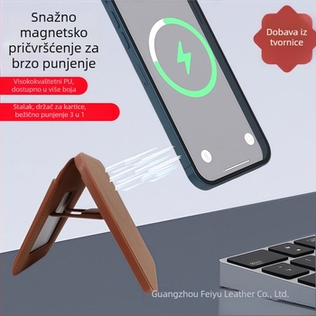 Bežični punjački stalak s magnetskim držačem za kartice, kompatibilan s iPhone 17/16/15, AirPods, Apple Watch i Samsung uređaje; bežično punjenje Qi do 15W, izlaz 3A, QC 3.0.