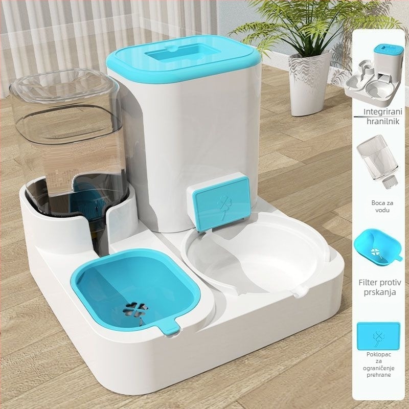 Automatska posuda za hranu s dispenserom vode i integriranom zdjelom za mačke i pse — Napon ≤36V — Snaga 2000W+ — Zaštita od pregrijavanja: Ne