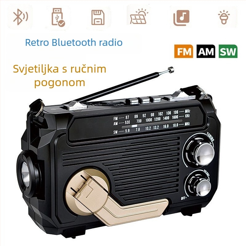 Radio s ručnim pogonom, višepojasni radio, Bluetooth 5.0, MP3 reprodukcija s utorom za karticu, ugrađena baterija