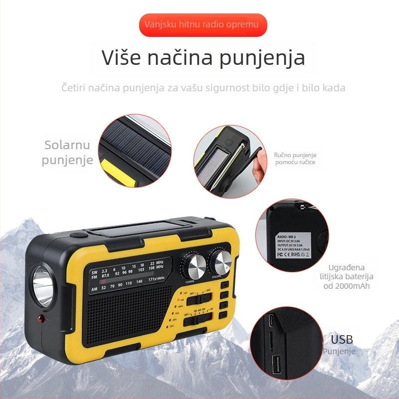 Ručno pokretano radio za vanjsku upotrebu s SOS-om, solarnim punjenjem i Bluetooth zvučnikom; ugrađena 2000 mAh baterija, MP3 podrška i USB sučelje; LED svjetlo