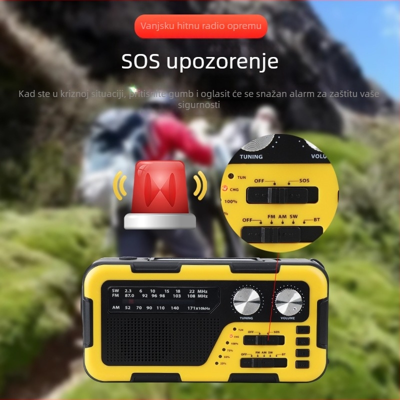 Ručno pokretano radio za vanjsku upotrebu s SOS-om, solarnim punjenjem i Bluetooth zvučnikom; ugrađena 2000 mAh baterija, MP3 podrška i USB sučelje; LED svjetlo