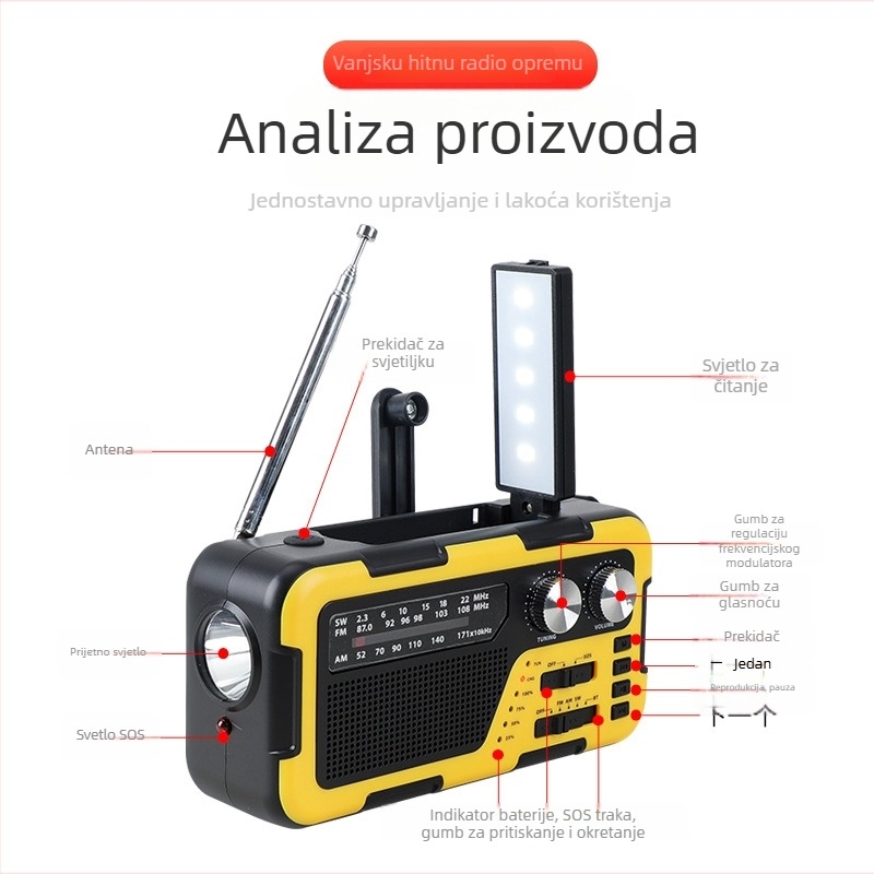 Ručno pokretano radio za vanjsku upotrebu s SOS-om, solarnim punjenjem i Bluetooth zvučnikom; ugrađena 2000 mAh baterija, MP3 podrška i USB sučelje; LED svjetlo