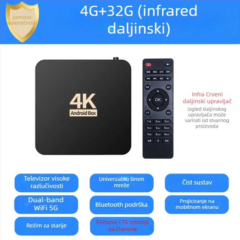 4K set-top box s Wi-Fi i Bluetooth daljinskim upravljačem, 4 GB RAM, 32 GB memorije, 3840x2160 izlaz