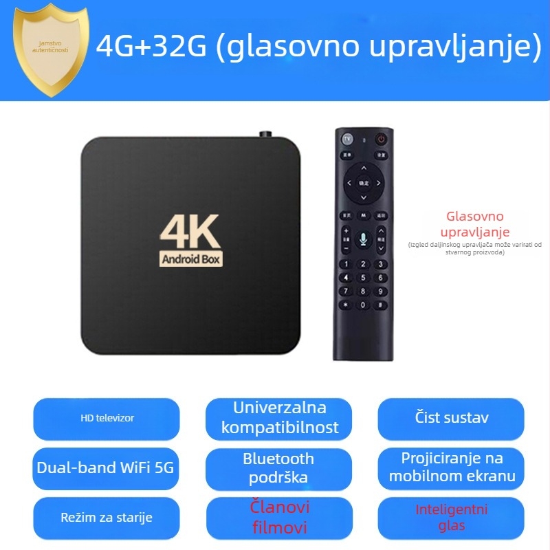 4K set-top box s Wi-Fi i Bluetooth daljinskim upravljačem, 4 GB RAM, 32 GB memorije, 3840x2160 izlaz