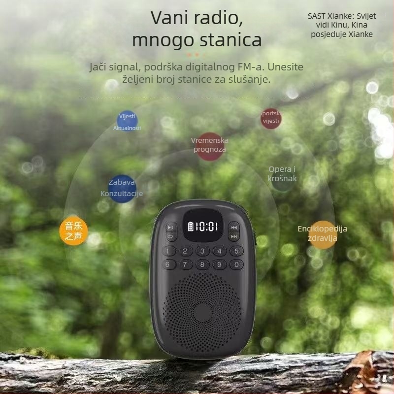 Xianke V15 Mini radio player s integriranim zvučnikom, MP3 podrška, automatsko traženje postaja s 50 unaprijed postavljenih stanica, 5V 3W, za starije osobe