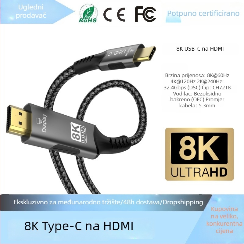 Type-C na HDMI pretvarački kabel, jednostrani, 8K60Hz, 32Gbps, CH7218 čip, bakreni jezgra, duljina 1–3 m