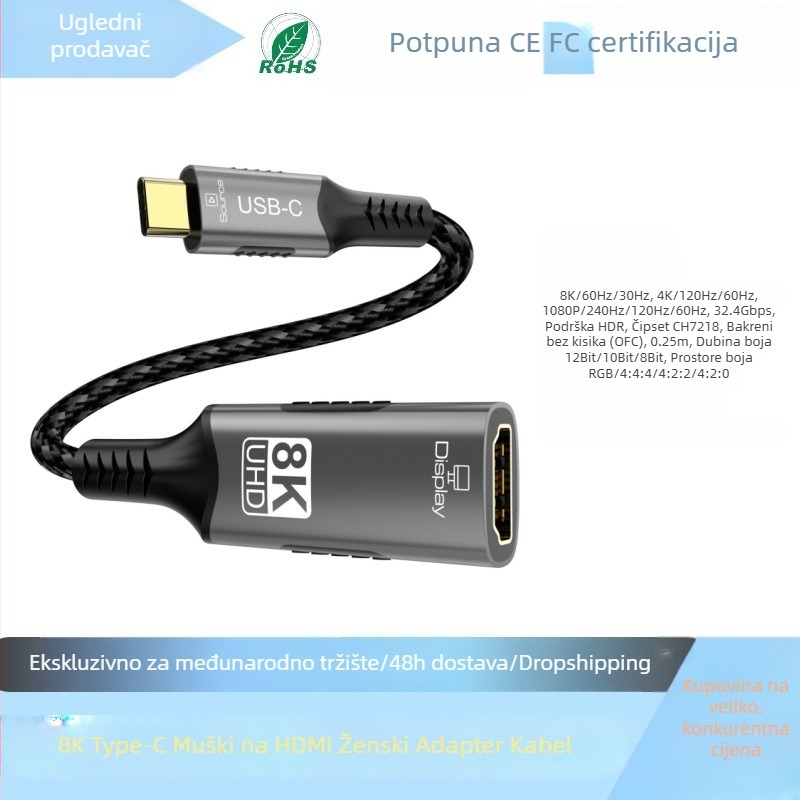 Type-C na HDMI pretvarački kabel, jednostrani, 8K60Hz, 32Gbps, CH7218 čip, bakreni jezgra, duljina 1–3 m