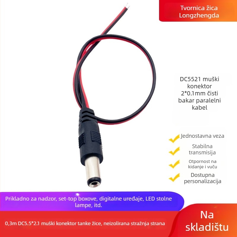 DC napojni kabel s DC5521 priključkom, samica–samac, za monitor, set-top box, LED rasvjeta, usmjerivač