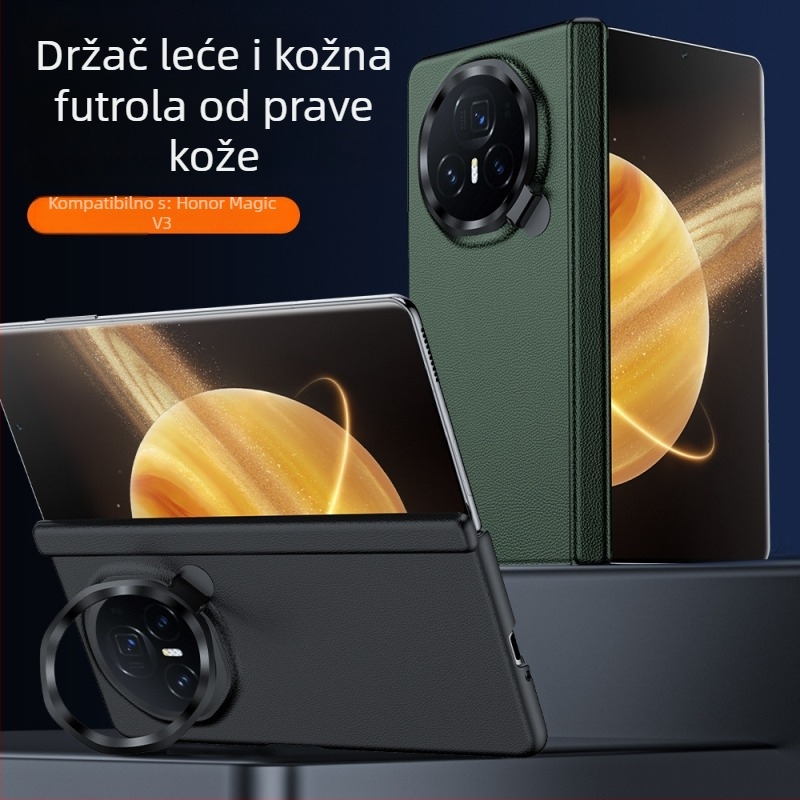 Kožna zaštitna futrola za Honor MagicV3 s integriranim središnjim osovinom i potpunim pokrivanjem, držač leća s šarkom – VS3; prirodna koža; toplinski pres; odvodi toplinu; otpornost na habanje