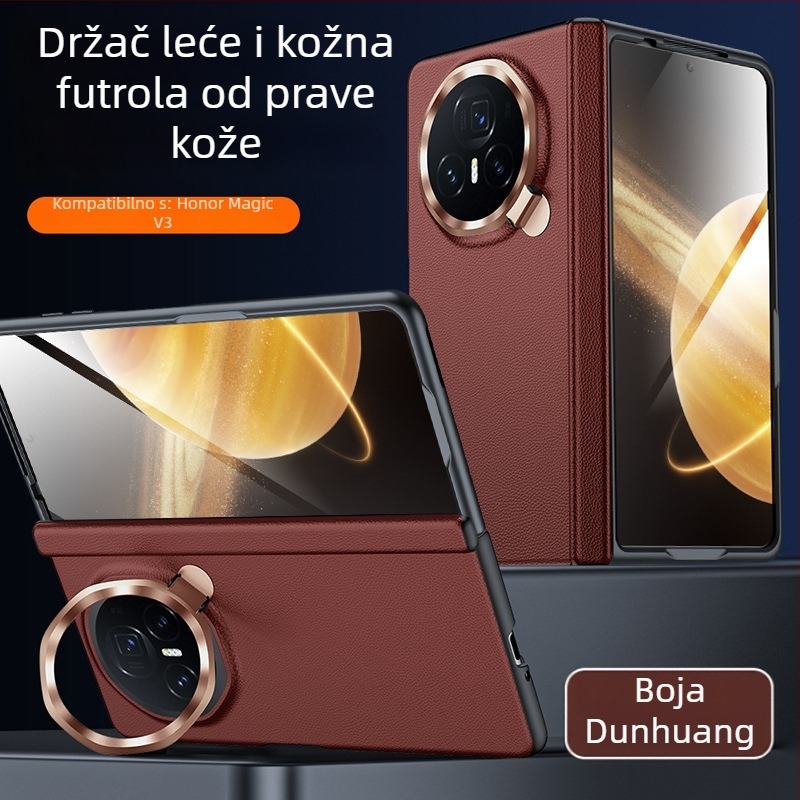 Kožna zaštitna futrola za Honor MagicV3 s integriranim središnjim osovinom i potpunim pokrivanjem, držač leća s šarkom – VS3; prirodna koža; toplinski pres; odvodi toplinu; otpornost na habanje