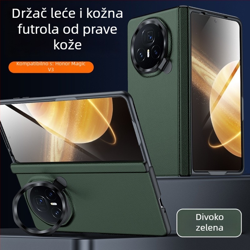 Kožna zaštitna futrola za Honor MagicV3 s integriranim središnjim osovinom i potpunim pokrivanjem, držač leća s šarkom – VS3; prirodna koža; toplinski pres; odvodi toplinu; otpornost na habanje
