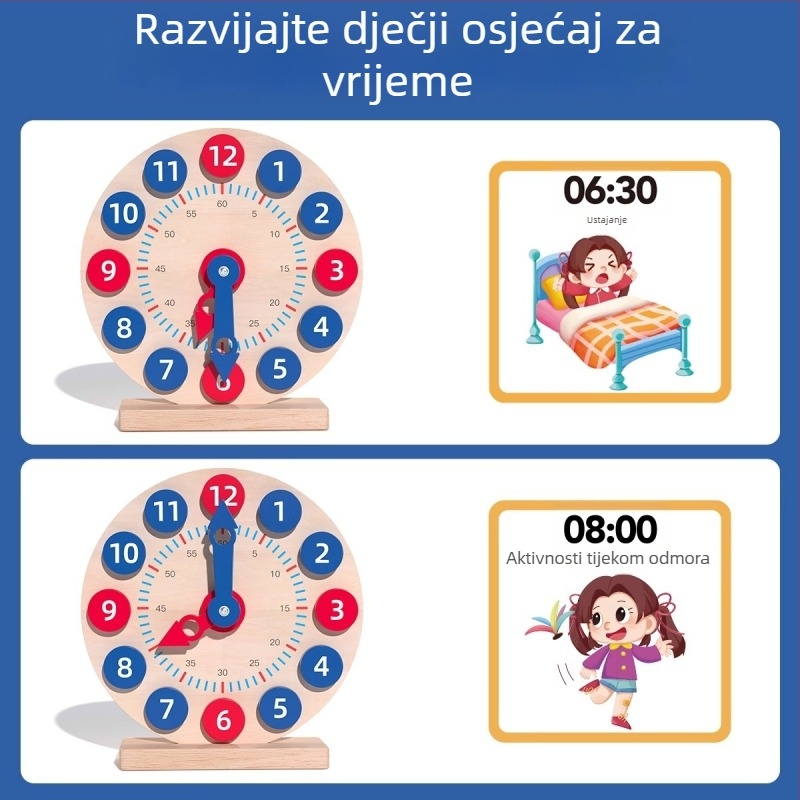 Drveni edukativni sat za djecu 4–6 godina, DIY-prijateljski, nije električno, ručno učenje vremena
