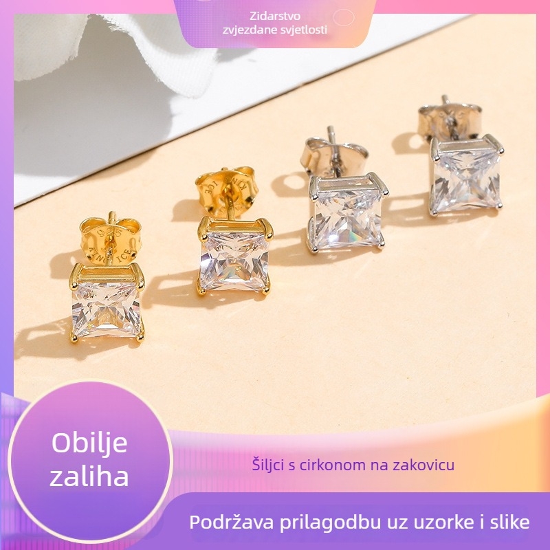 Naušnice od srebra 925 s cirkonijem, četverozupna postavka, mikroinlay, korejski stil