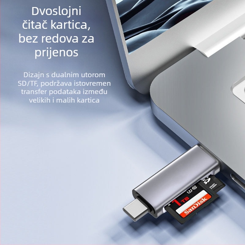 USB-C 3.0 čitač SD/TF kartica — vanjski adapter od aluminijske legure za mobitel, kameru i dron