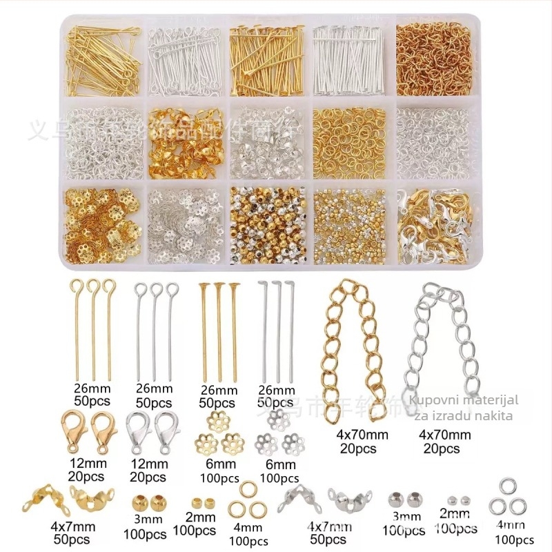 DIY set za izradu nakita – metal, elektroplating, kutija s 15/24 pretinaca, za naušnice, ušne kopče, narukvice i lančići