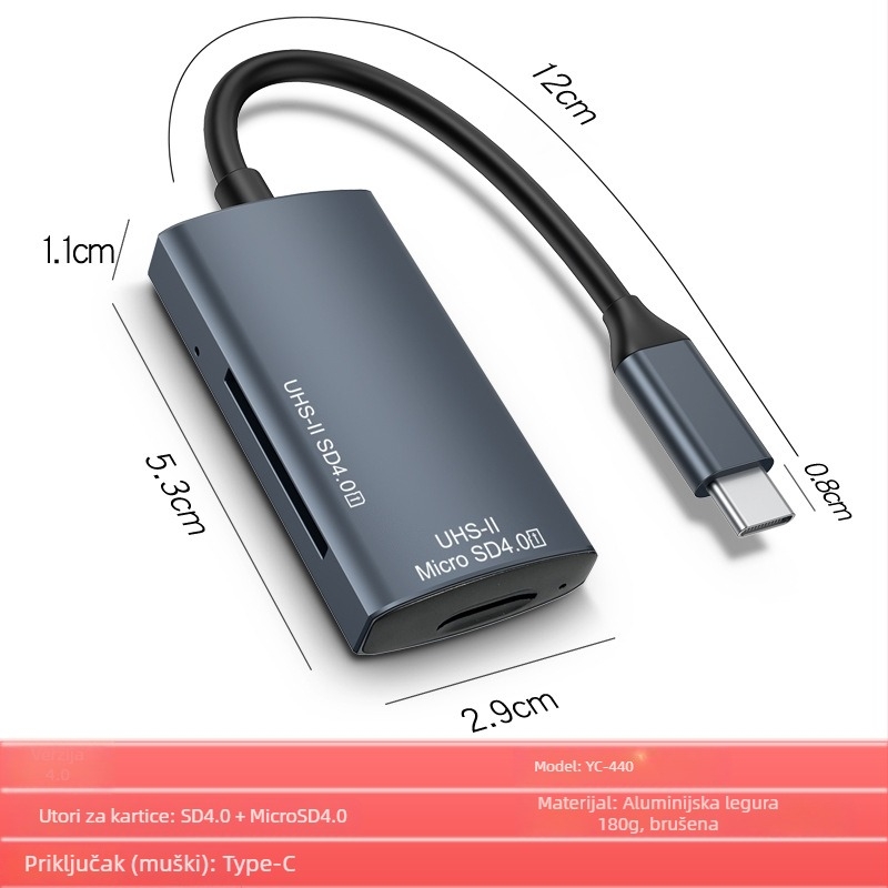 USB Type-C 4.0 čitač kartica – sve-u-jednom, SD/SDHC/TF/MicroSD, UHS-II, model YC-440