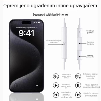 Ušne žične slušalice s 3,5 mm priključkom, za Apple iPhone 14, 14 mm driver, duljina kabela 1,2 m, ugrađeni mikrofon, frekvencijski raspon 20–20000 Hz
