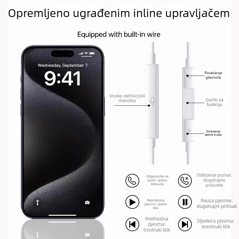 Ušne žične slušalice s 3,5 mm priključkom, za Apple iPhone 14, 14 mm driver, duljina kabela 1,2 m, ugrađeni mikrofon, frekvencijski raspon 20–20000 Hz