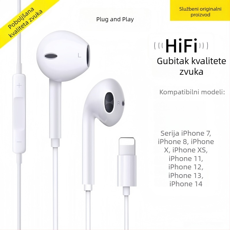 Ušne žične slušalice s 3,5 mm priključkom, za Apple iPhone 14, 14 mm driver, duljina kabela 1,2 m, ugrađeni mikrofon, frekvencijski raspon 20–20000 Hz