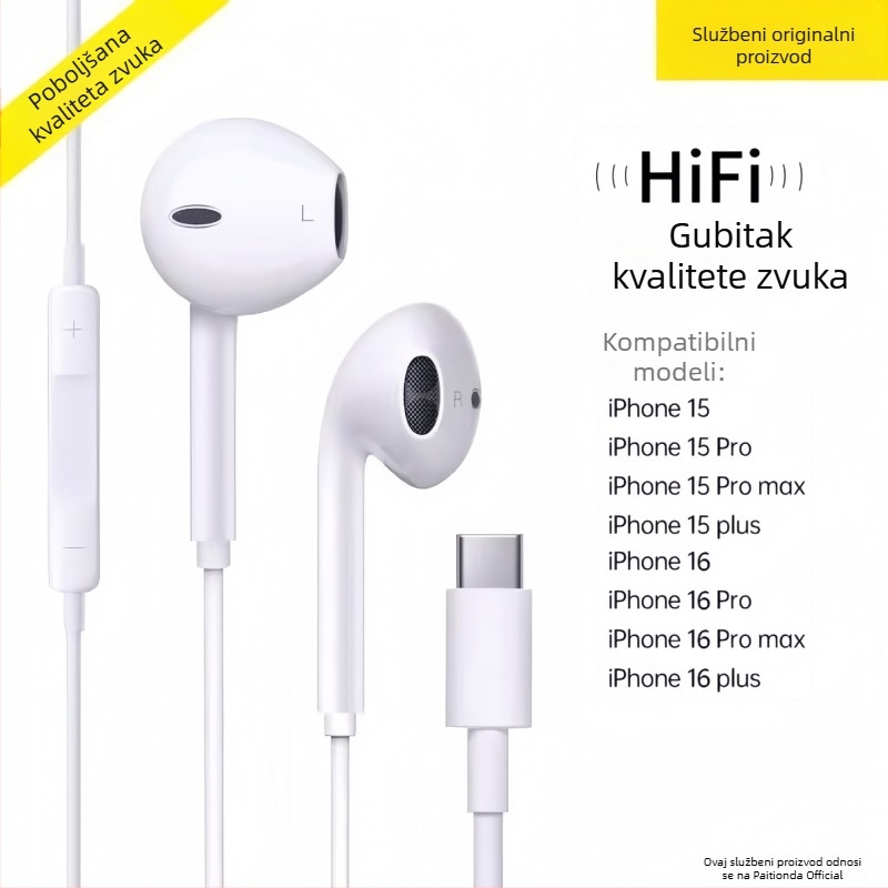 Ušne žične slušalice s 3,5 mm priključkom, za Apple iPhone 14, 14 mm driver, duljina kabela 1,2 m, ugrađeni mikrofon, frekvencijski raspon 20–20000 Hz