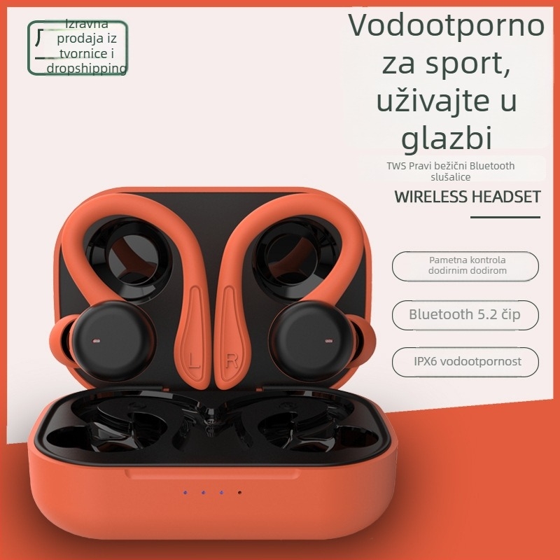 TWS sportske bežične slušalice s držačem za uho, IPX6 vodootporne, Bluetooth 5.3, preko 8 sati trajanja baterije, stereo zvuk