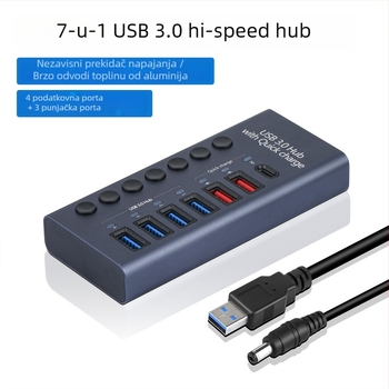 USB 3.0 hub od aluminijskog legura s nezavisnim prekidačem, 2 priključka, vanjsko napajanje, 5 Gbps