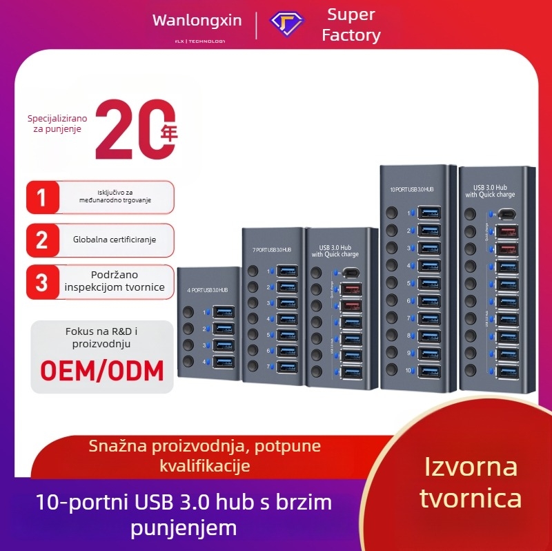 USB 3.0 hub od aluminijskog legura s nezavisnim prekidačem, 2 priključka, vanjsko napajanje, 5 Gbps