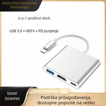 Type-C 3-u-1 docking stanica s HDMI izlazom i USB hubom, vanjsko napajanje, prijenos do 5 Gbps