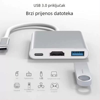 Type-C 3-u-1 docking stanica s HDMI izlazom i USB hubom, vanjsko napajanje, prijenos do 5 Gbps