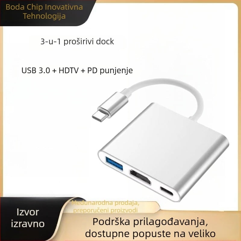 Type-C 3-u-1 docking stanica s HDMI izlazom i USB hubom, vanjsko napajanje, prijenos do 5 Gbps