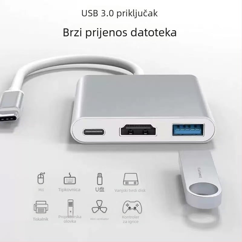 Type-C 3-u-1 docking stanica s HDMI izlazom i USB hubom, vanjsko napajanje, prijenos do 5 Gbps
